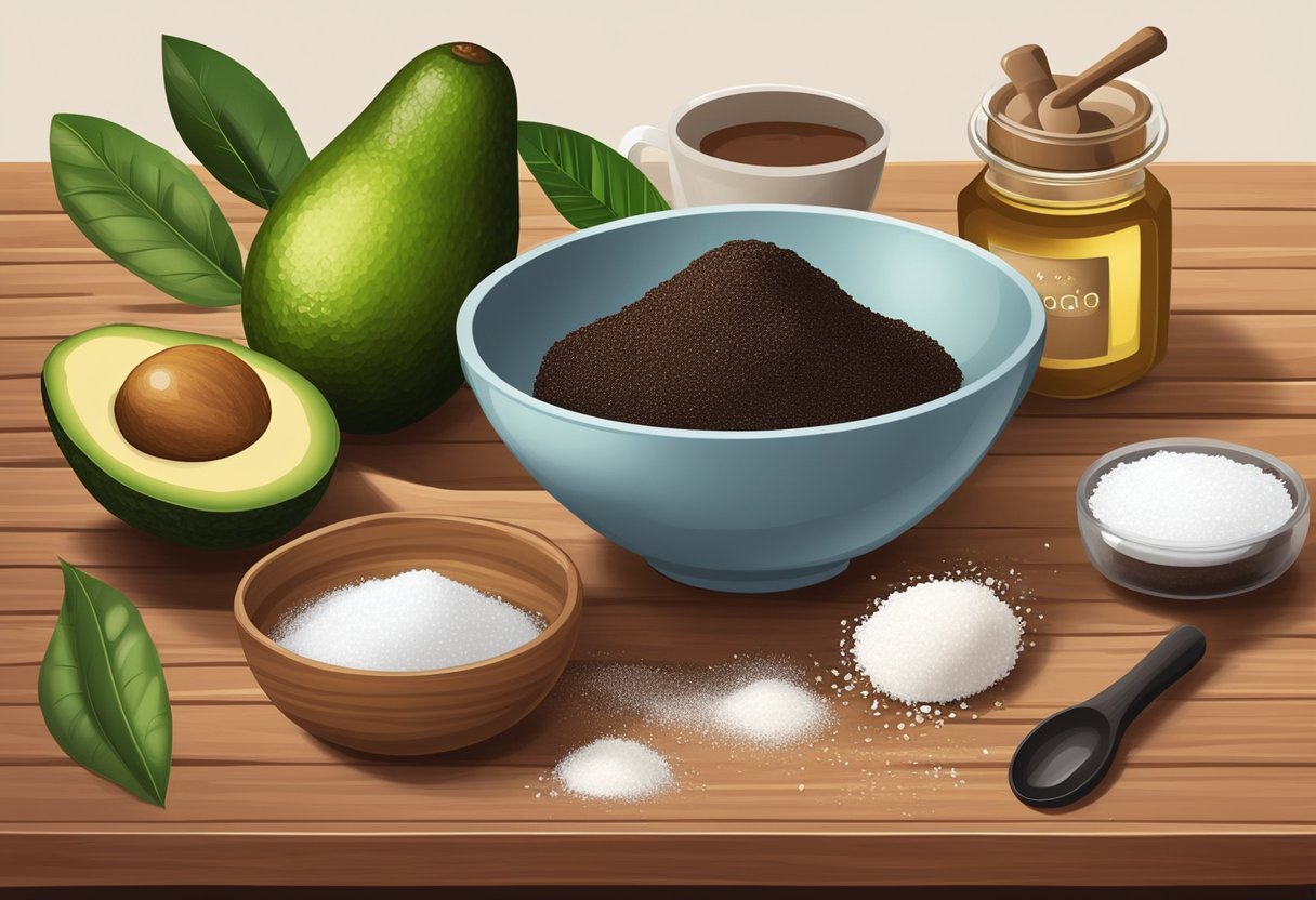 A bowl of avocado and coffee scrub sits on a wooden table, surrounded by ingredients like sugar and coconut oil. A mortar and pestle is nearby, ready for mixing