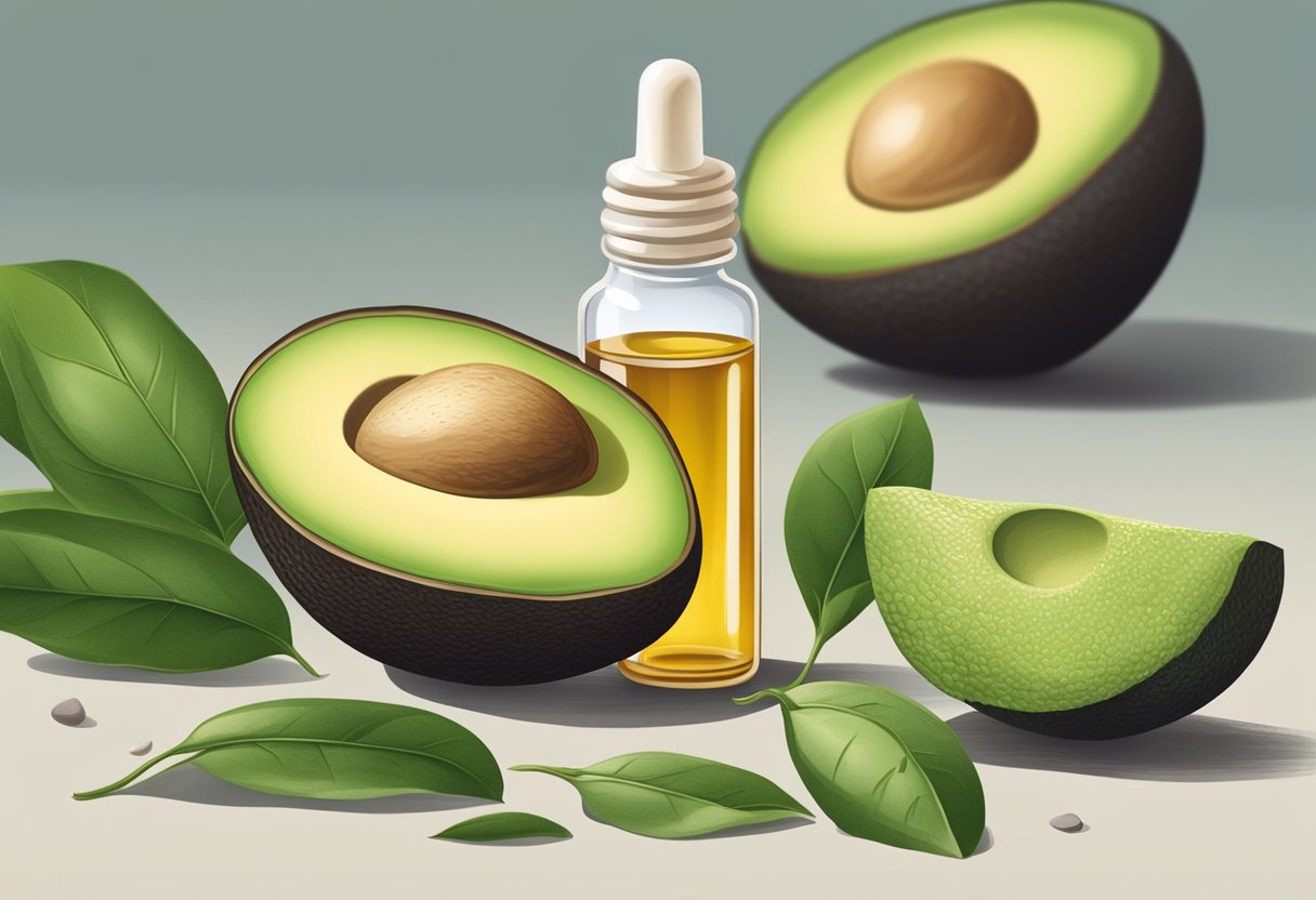 A small bottle of acne spot treatment sits next to a ripe avocado and tea tree oil. Ingredients for homemade skincare surround it