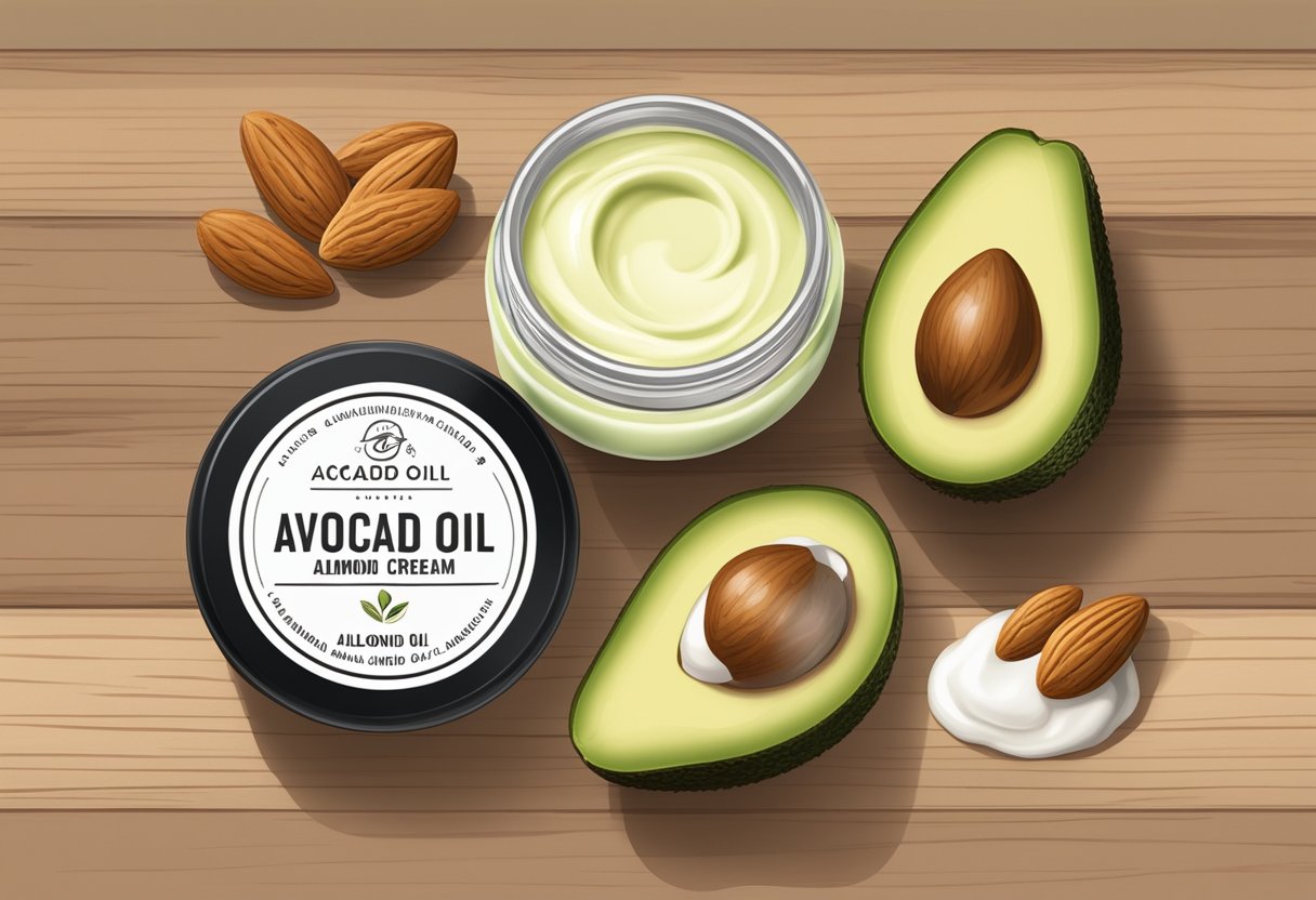 A small jar of cuticle cream sits on a wooden table, surrounded by ripe avocados and almonds. The label reads "Avocado and Almond Oil Cuticle Cream."