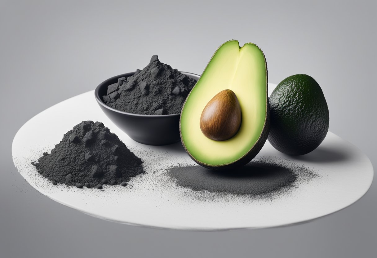 A bowl of avocado and charcoal face mask sits on a clean, white surface, surrounded by fresh avocado slices and charcoal powder