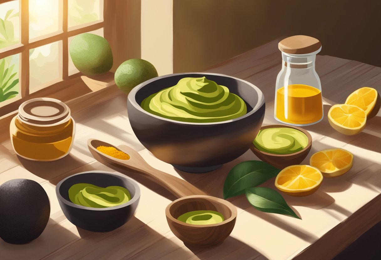 A bowl of avocado and turmeric paste sits on a wooden table, surrounded by ingredients and a mortar and pestle. Sunlight streams through a nearby window, casting a warm glow on the scene