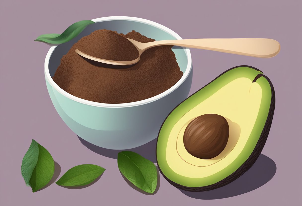 A bowl of avocado and cocoa powder mixed together, with a spoon and a hair mask brush next to it