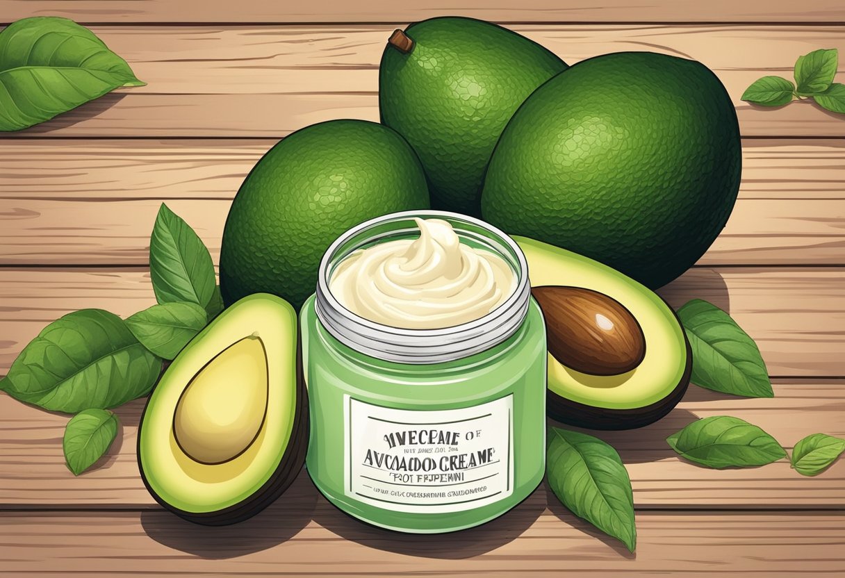 A jar of homemade avocado and peppermint foot cream sits on a rustic wooden table, surrounded by fresh avocados and peppermint leaves