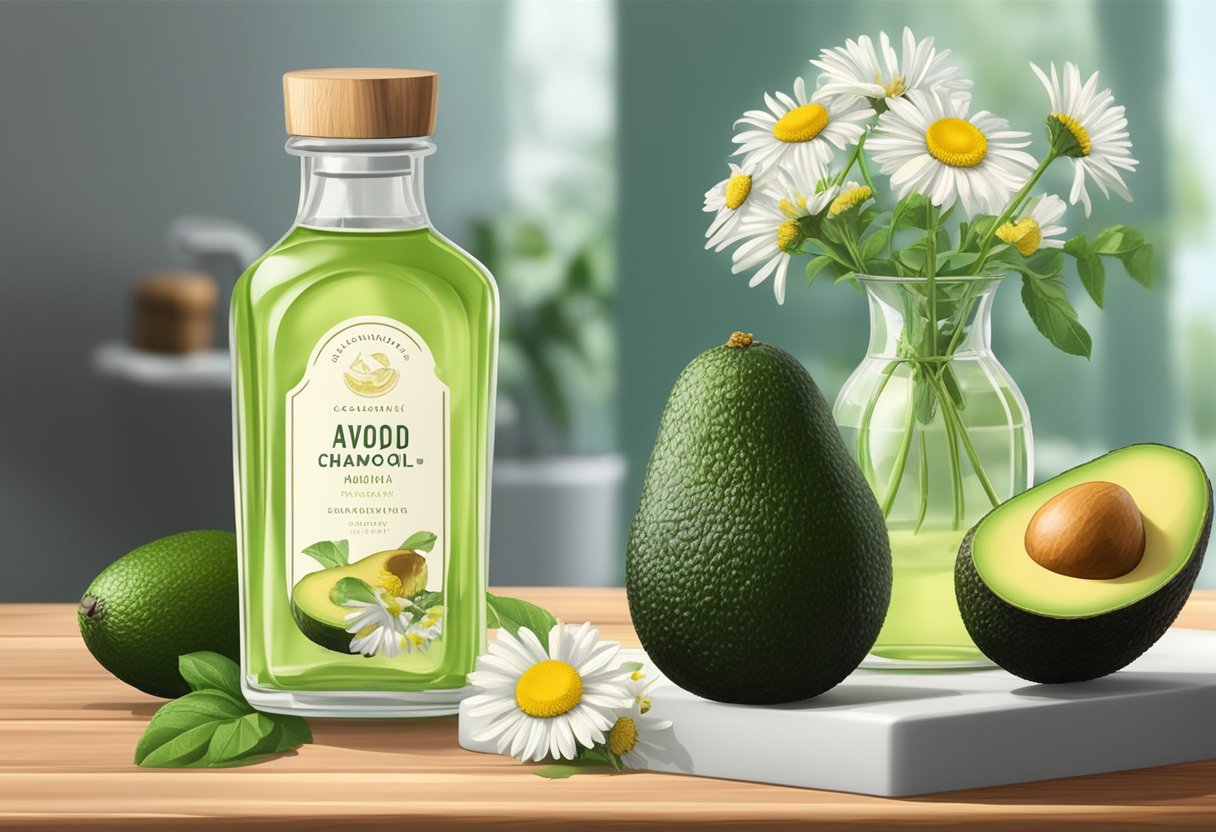 A clear glass bottle with avocado and chamomile bath oil sits on a wooden shelf, surrounded by fresh chamomile flowers and ripe avocados