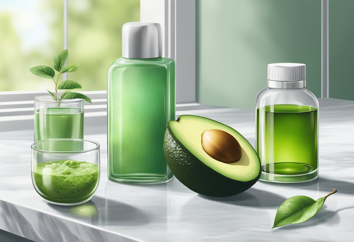 A clear glass bottle filled with green serum sits next to a ripe avocado and a cup of green tea on a marble countertop