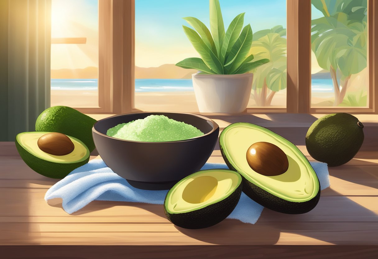 A bowl of avocado and sea salt body polish sits on a wooden table, surrounded by fresh avocados and sea salt. The sunlight streams in through a nearby window, casting a warm glow on the ingredients