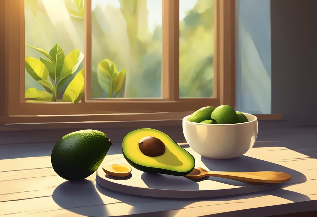 A ripe avocado and banana sit on a wooden table beside a bowl and spoon. Sunlight filters through a window, casting a warm glow on the ingredients