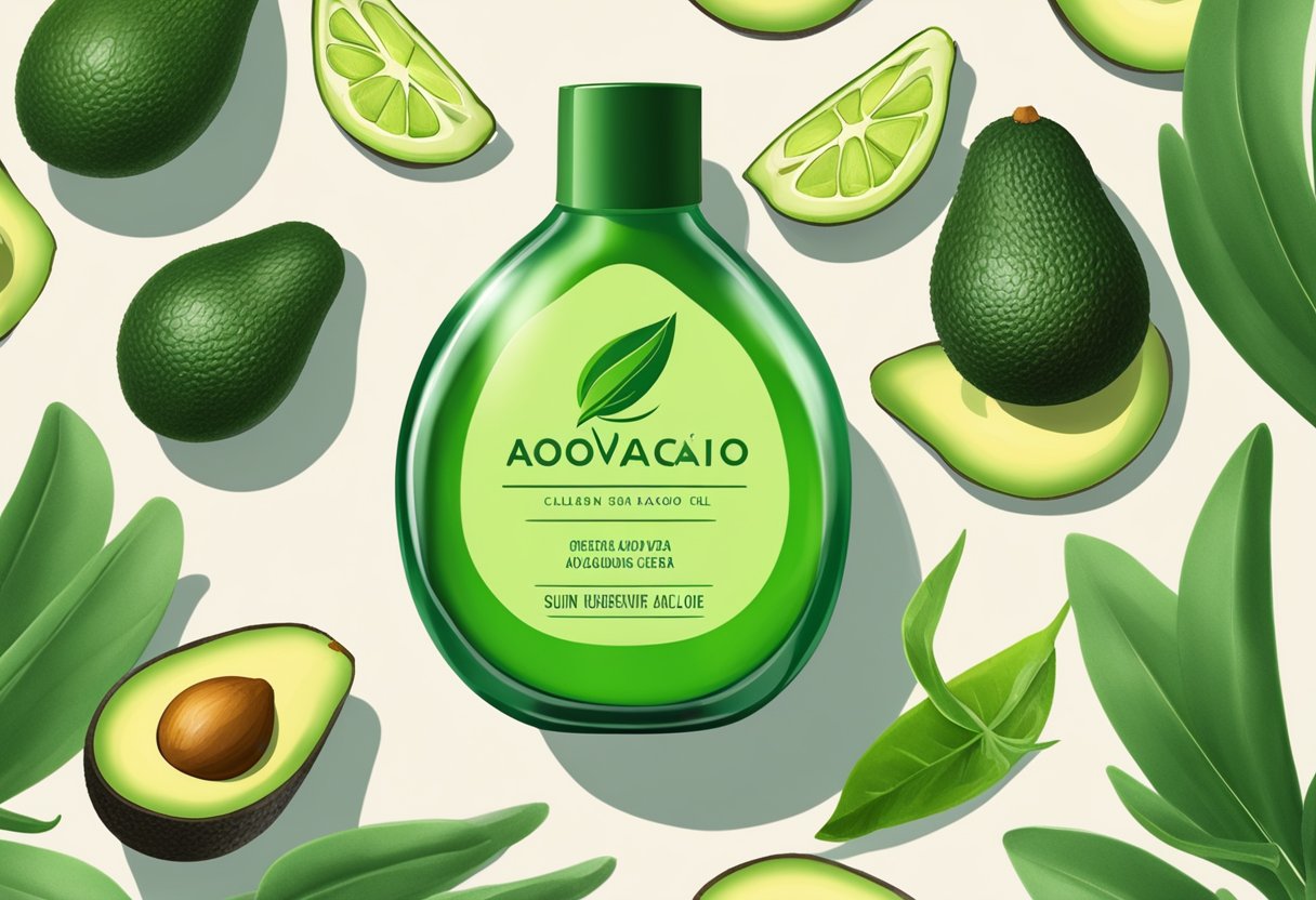 A clear glass jar filled with green Avocado and Aloe Vera Sunburn Relief Gel, surrounded by fresh avocados and aloe vera leaves