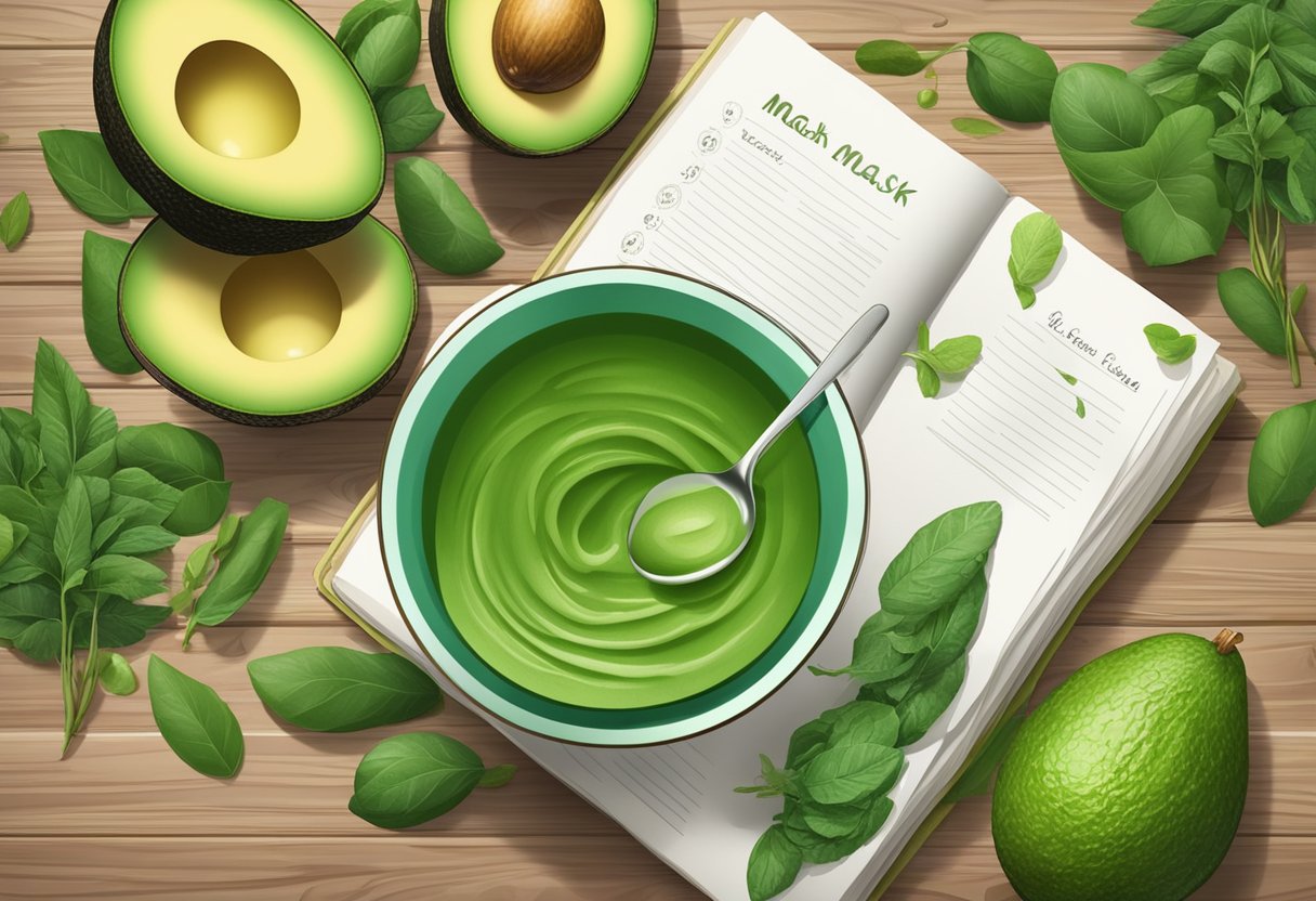 A bowl of green avocado and spirulina mask sits on a wooden table, surrounded by fresh ingredients and a recipe book