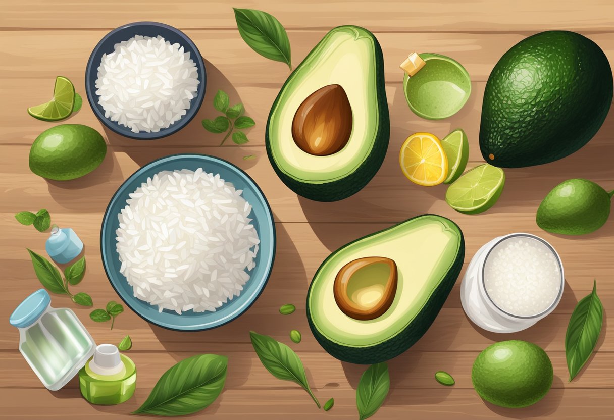 A ripe avocado and a bowl of rice water sit on a wooden table, surrounded by fresh ingredients and skincare products