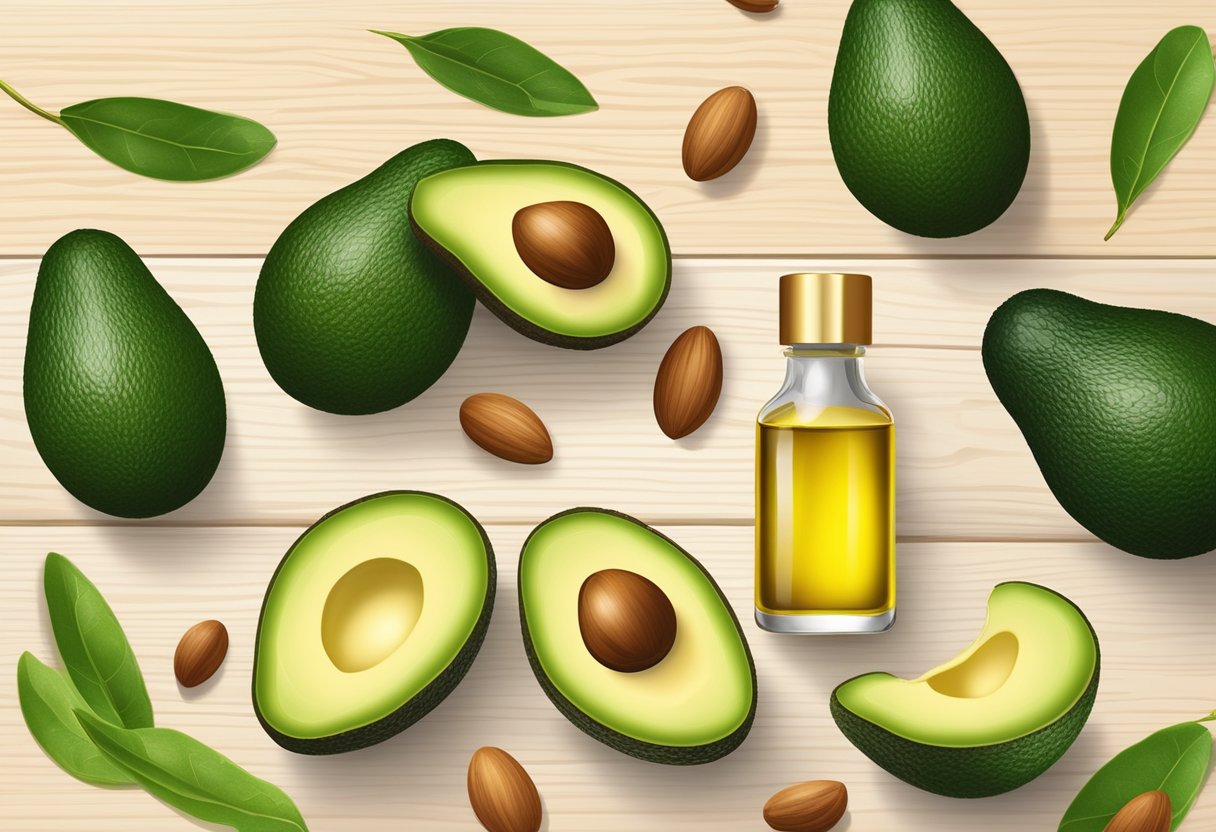 A glass bottle of avocado and argan oil serum surrounded by fresh avocados and argan nuts on a wooden table