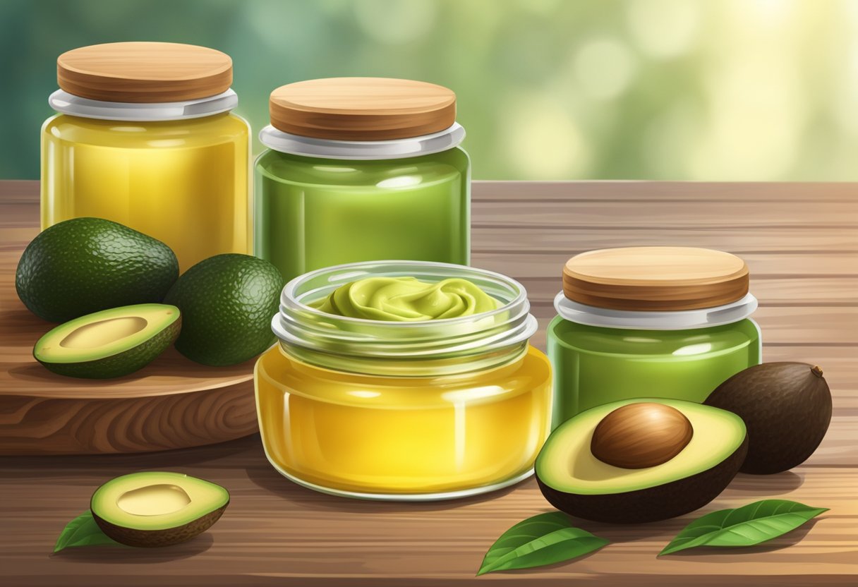 A glass jar filled with creamy balm, surrounded by ripe avocados and jojoba oil bottles on a wooden table