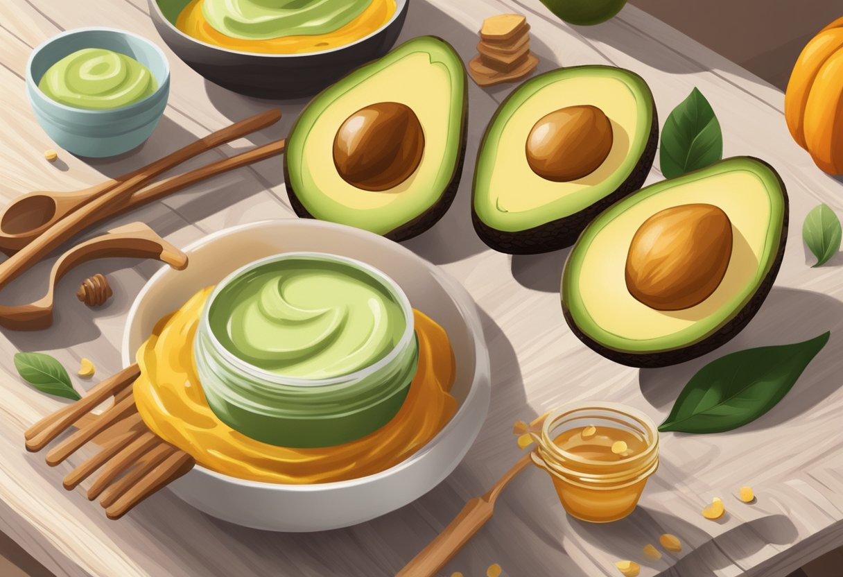A bowl of avocado and pumpkin spice face mask sits on a wooden table surrounded by ingredients like honey and yogurt