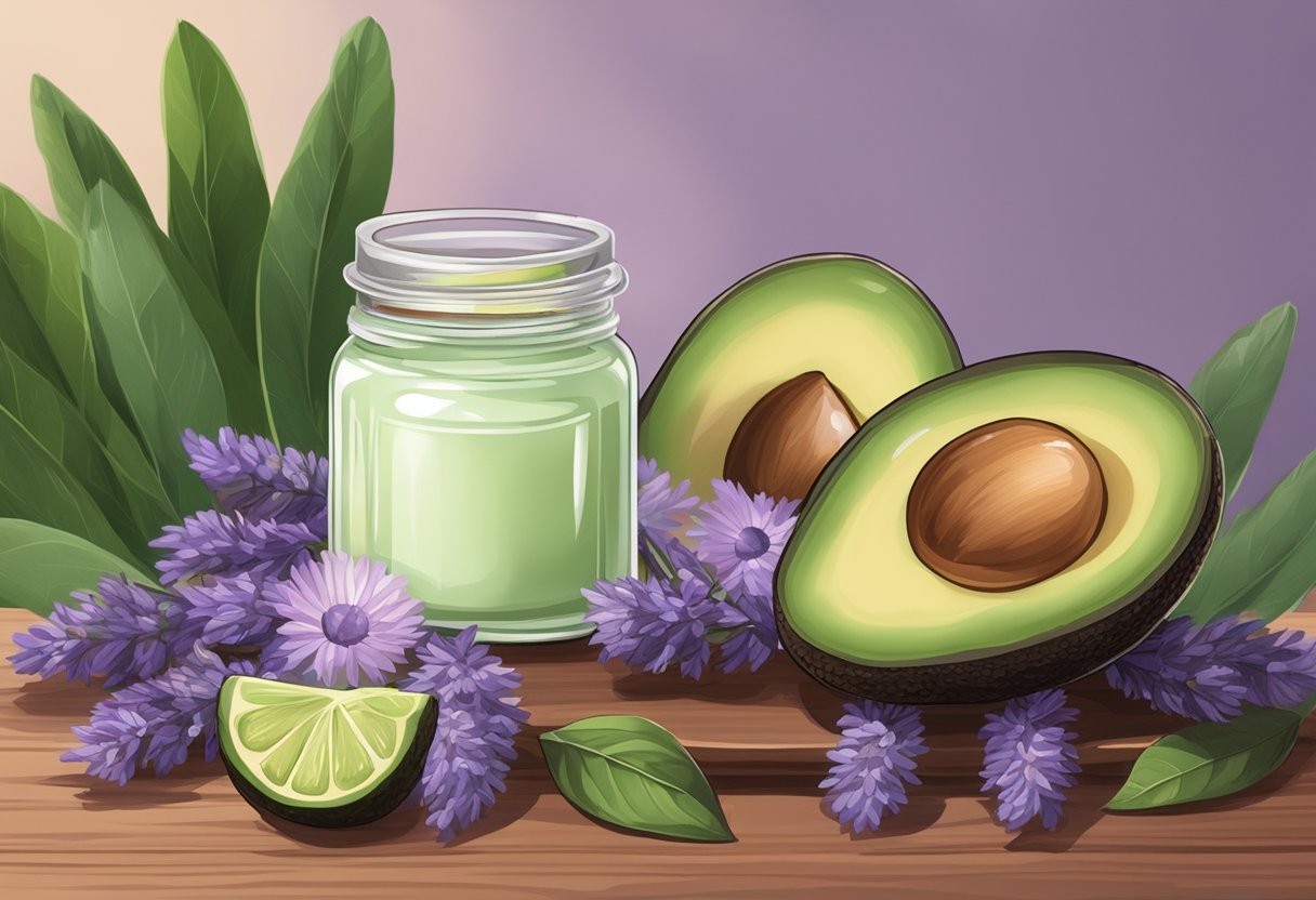 A glass jar filled with creamy sleep-inducing lotion, infused with avocado and lavender oil, sits on a wooden table surrounded by fresh avocado and lavender