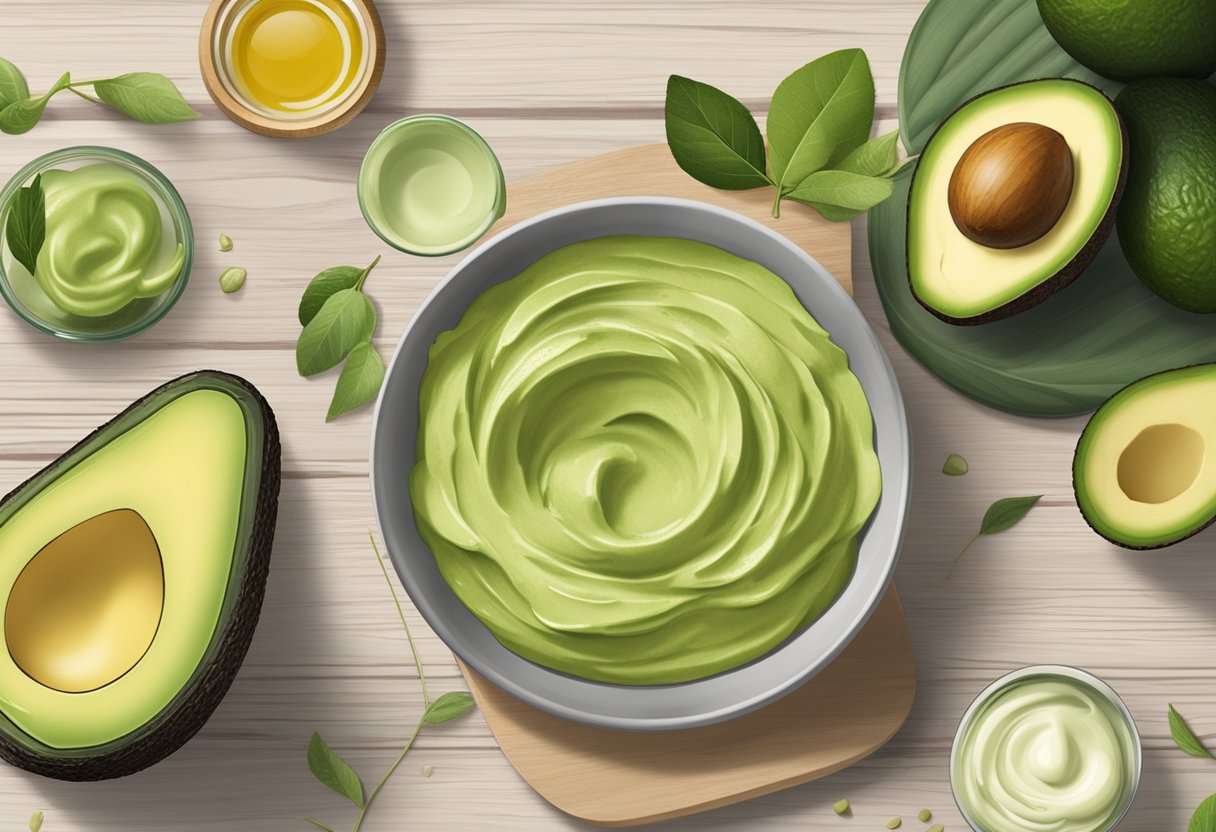 A bowl of avocado and clay mask sits on a wooden table, surrounded by ingredients. A recipe book titled "45 Best DIY Homemade Skincare Recipes with Avocado" is open to the page for the mask