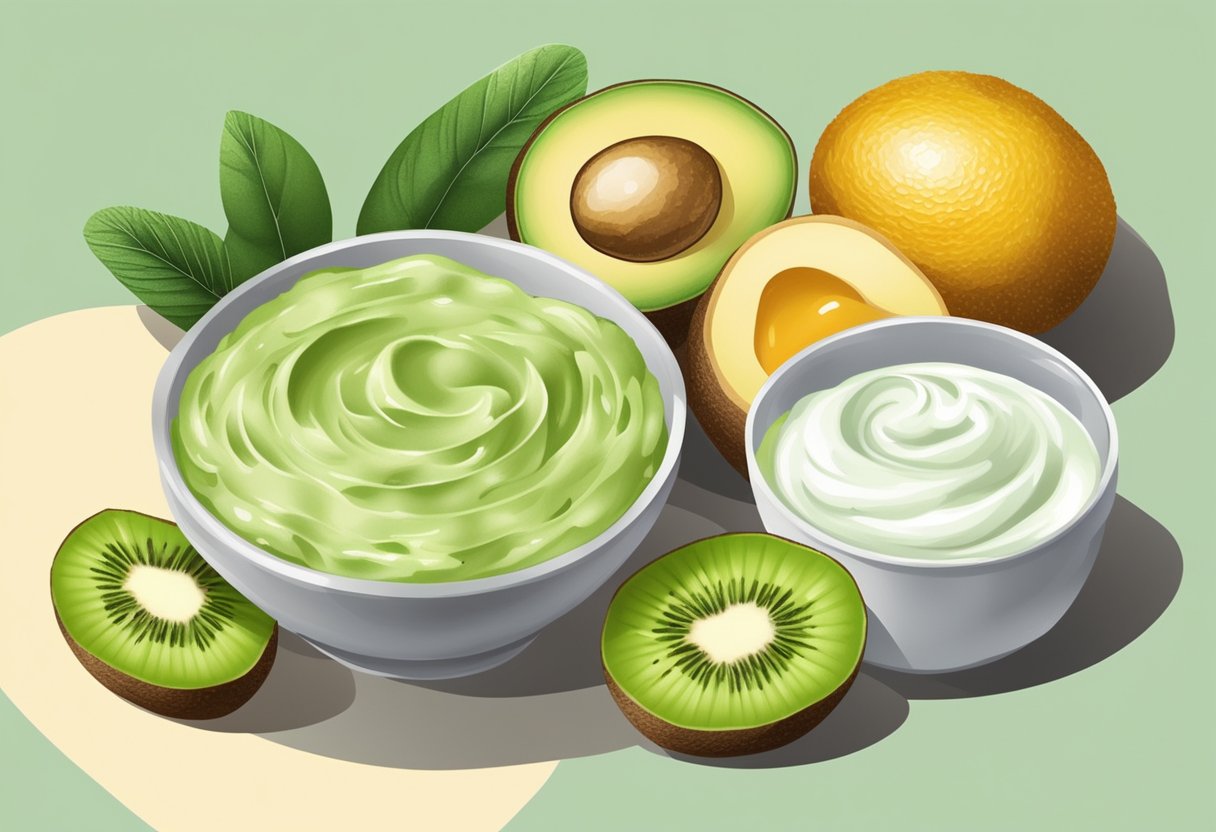 A bowl of mashed avocado and kiwi mixed with honey and yogurt, surrounded by fresh fruits and a jar of homemade skincare products