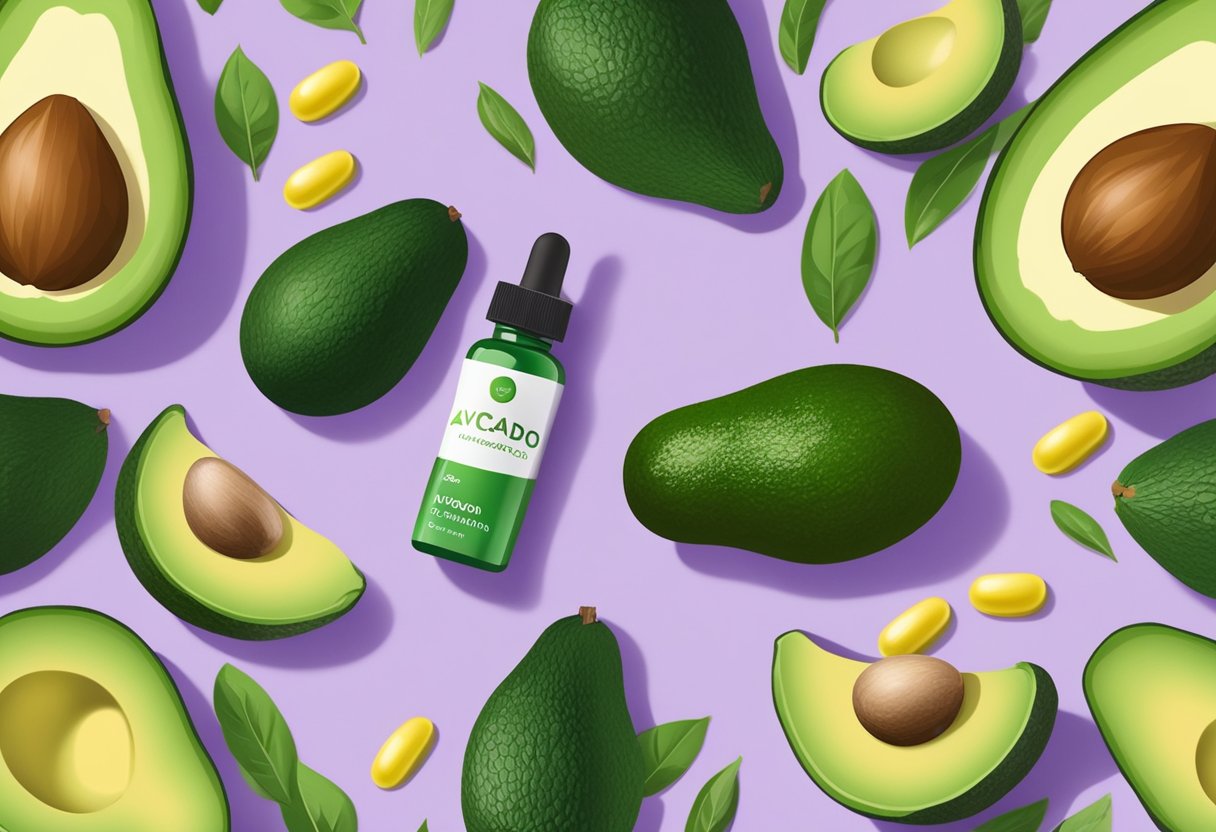 A bottle of avocado and vitamin E serum surrounded by fresh avocados and vitamin E capsules on a clean, minimalist background