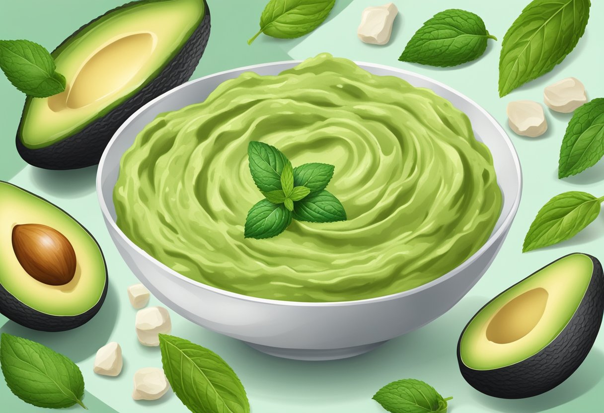 A bowl of mashed avocado mixed with mint leaves, surrounded by fresh ingredients and essential oils
