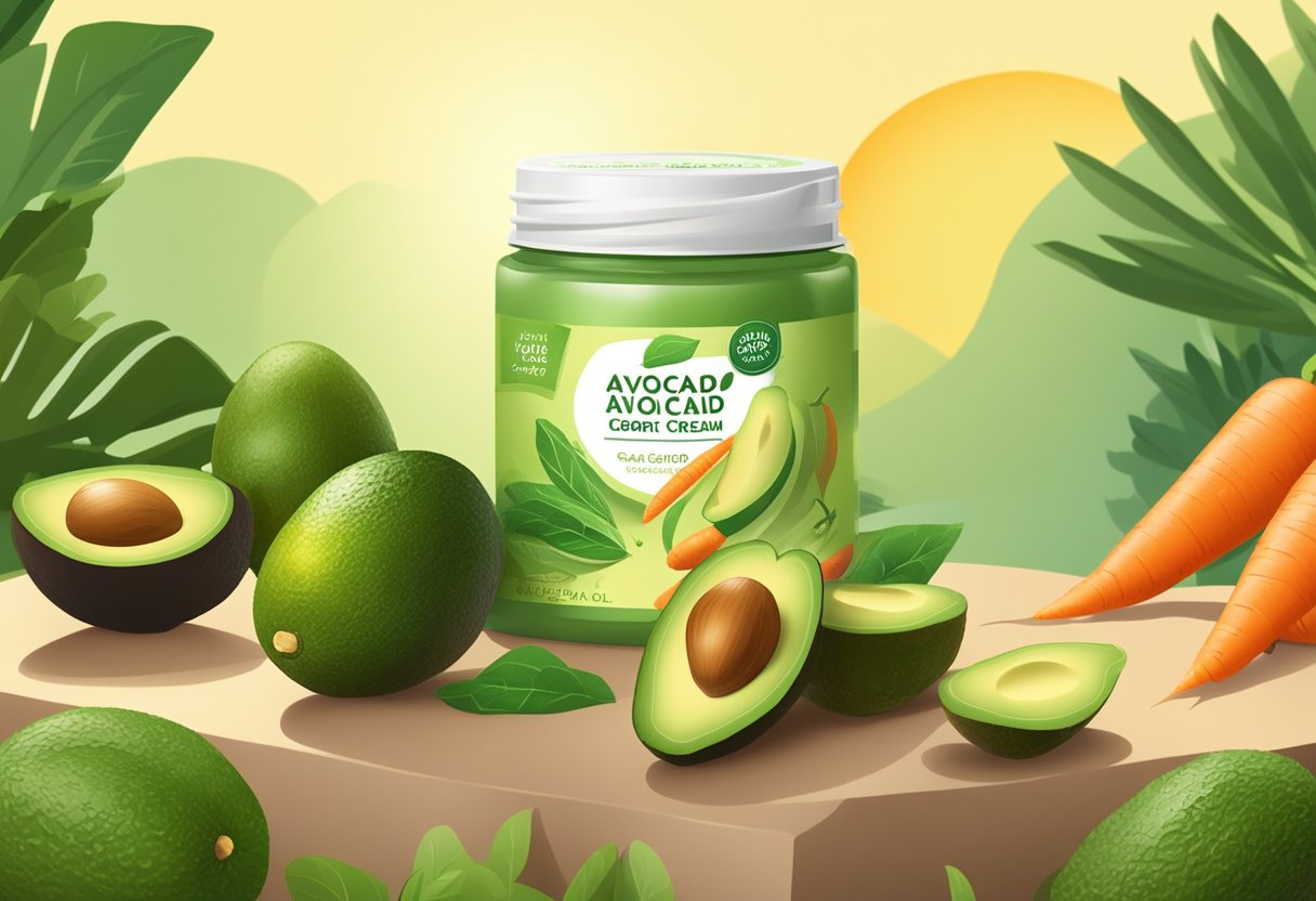 A jar of homemade avocado and carrot seed sun shield cream surrounded by fresh avocados and carrots, with a bright and sunny background