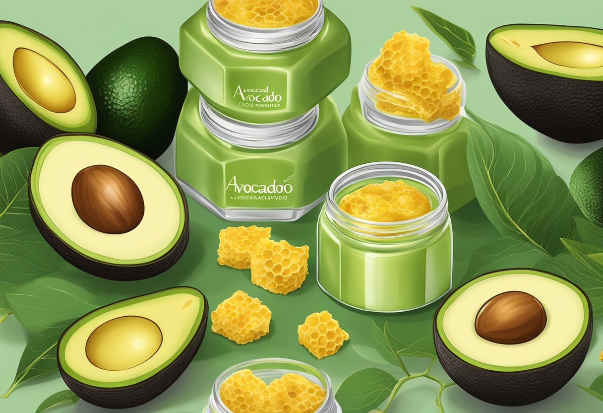 A jar of avocado and honeycomb lip conditioner surrounded by fresh avocados and honeycomb