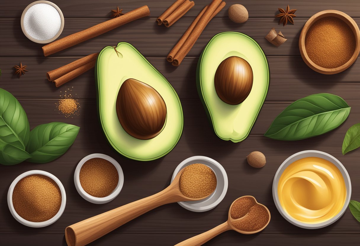 A ripe avocado and a sprinkle of cinnamon sit on a wooden table, surrounded by various skincare ingredients and tools