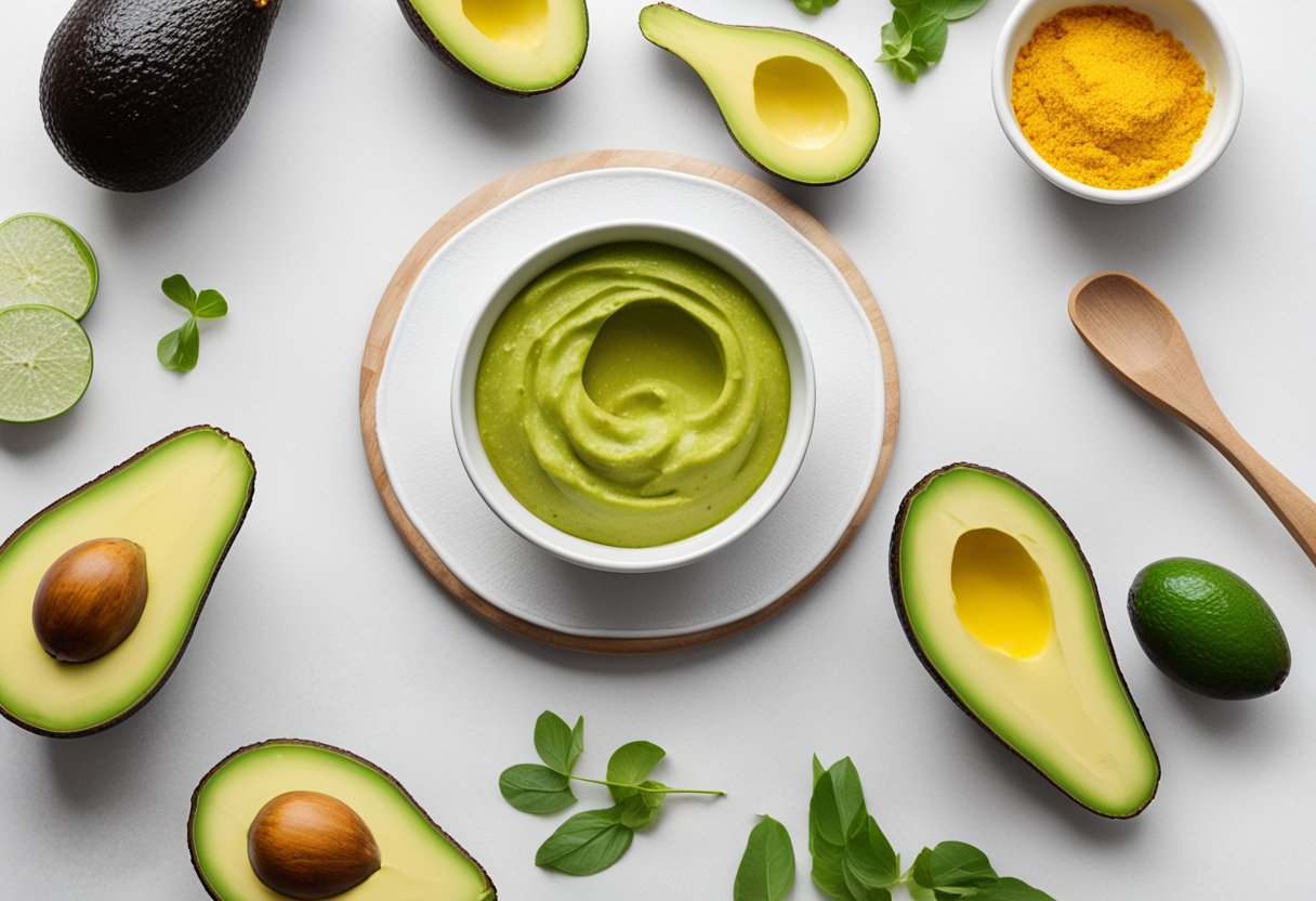 A small bowl of avocado and saffron mixture sits on a clean white countertop, surrounded by fresh avocado and saffron. Ingredients are neatly arranged next to a recipe book titled "45 Best DIY Homemade Skincare Recipes with Avocado."