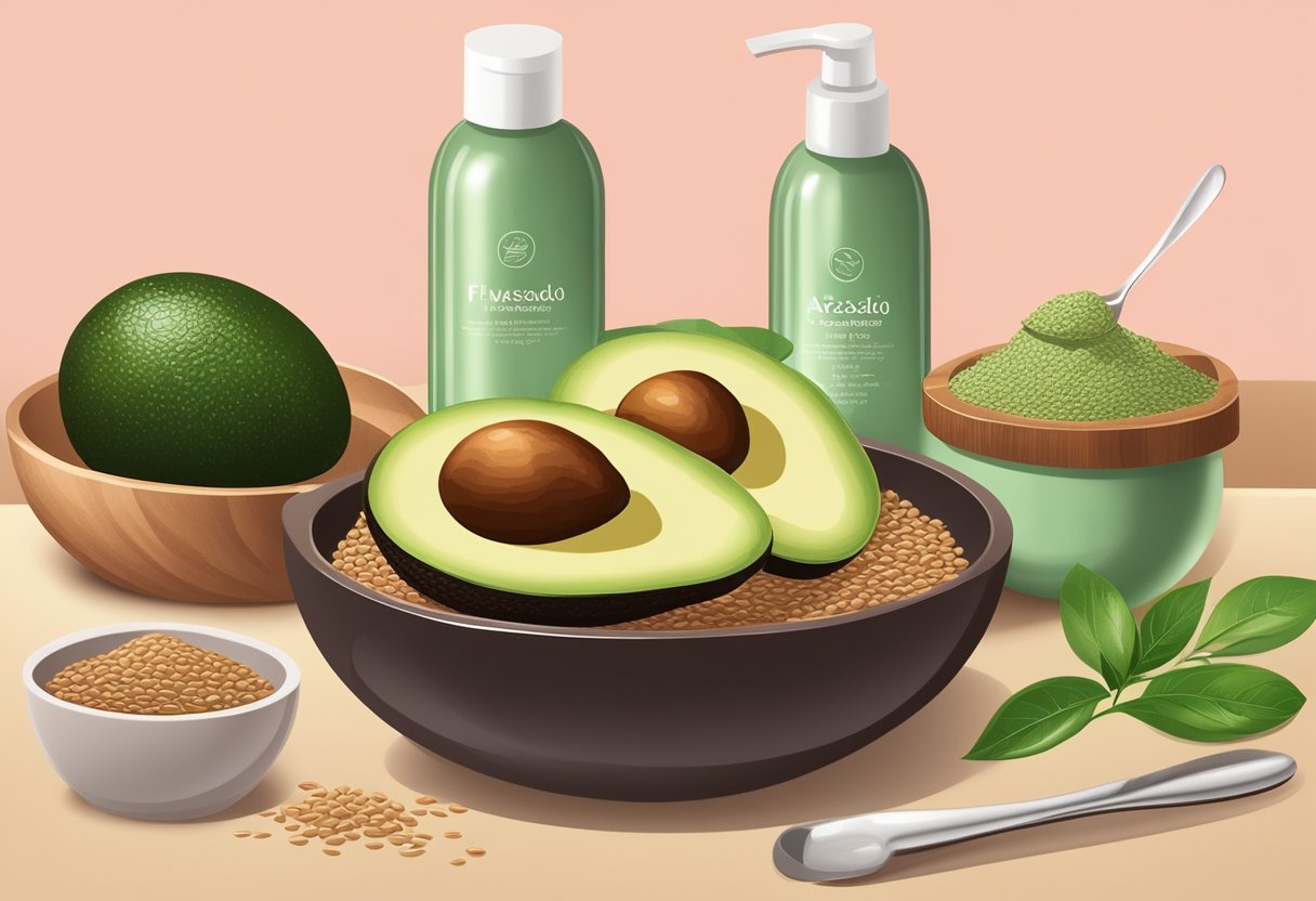 A ripe avocado and a bowl of flaxseed gel sit on a wooden table, surrounded by various skincare ingredients and utensils