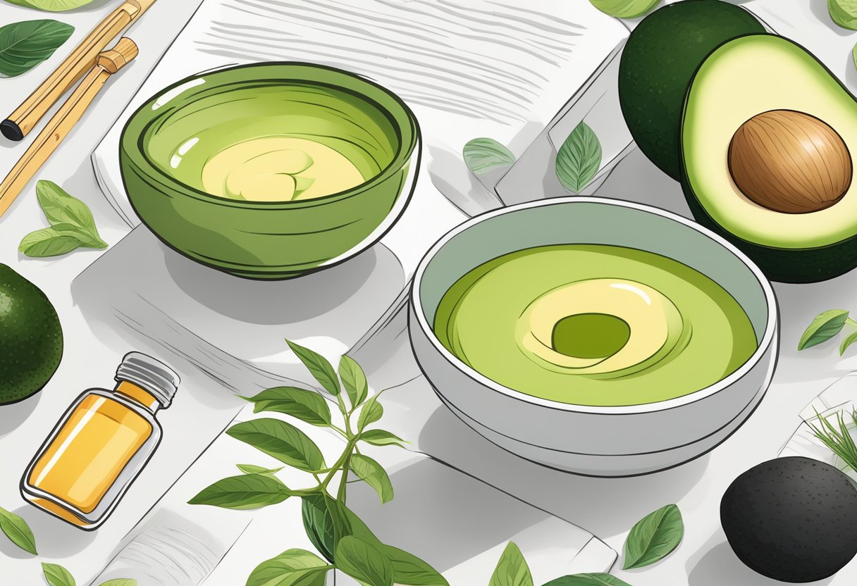 A bowl with avocado and ginger scalp treatment ingredients, surrounded by skincare recipe books