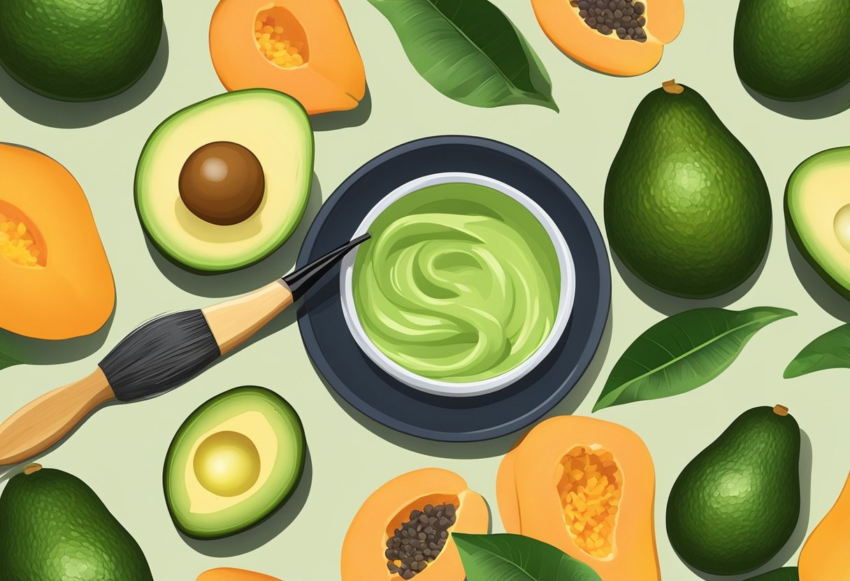 A bowl of avocado and papaya mixed together, with a brush nearby, ready to be applied as a peel mask