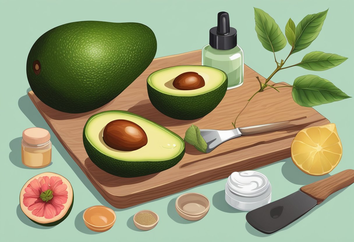 A ripe avocado and a handful of rose hips are arranged on a wooden cutting board, surrounded by various skincare ingredients and tools
