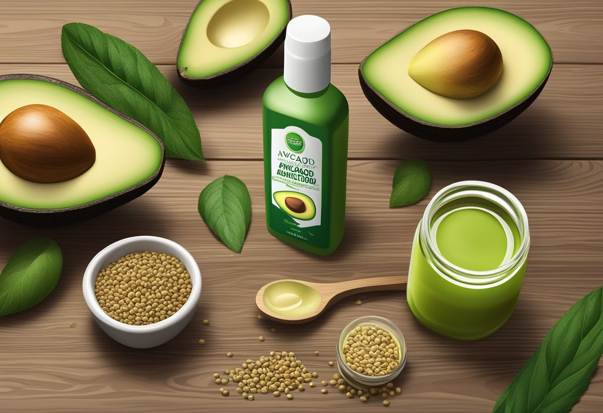 A bottle of avocado and hemp seed oil beard conditioner surrounded by fresh avocados and hemp seeds on a wooden tabletop