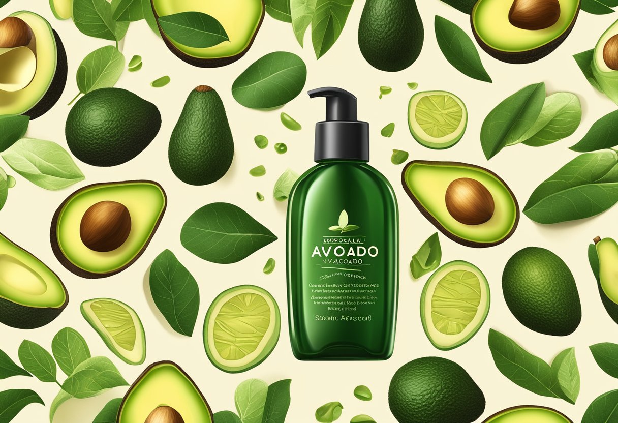 A bottle of avocado and gold mica highlighting body oil surrounded by fresh avocados and other natural skincare ingredients