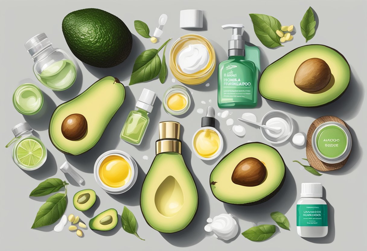 A table filled with various skincare ingredients, including avocados, essential oils, and containers. A recipe book titled "45 Best DIY Homemade Skincare Recipes with Avocado" is open on the table