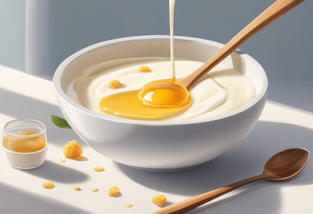 A bowl of yogurt mixed with honey sits on a clean, white countertop. A spoon is poised to mix the ingredients together, with a soft, natural light illuminating the scene