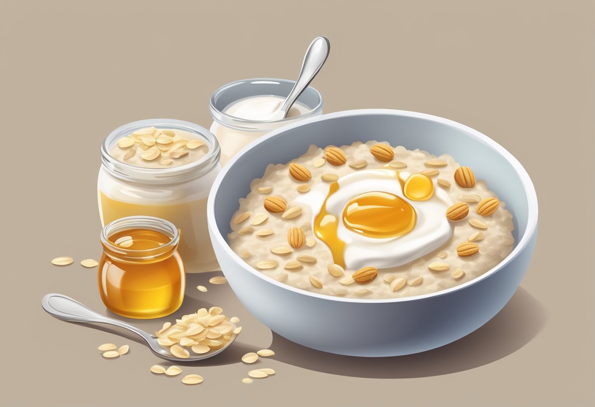 A bowl of oatmeal and yogurt mixed together, with a spoon and a jar of honey nearby
