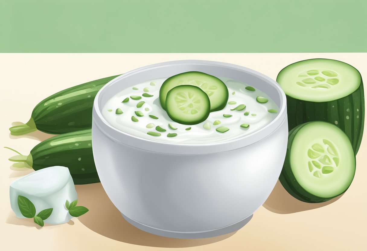 A bowl of yogurt and cucumber mixture sits on a clean, white countertop, ready to be used as a cooling face mask
