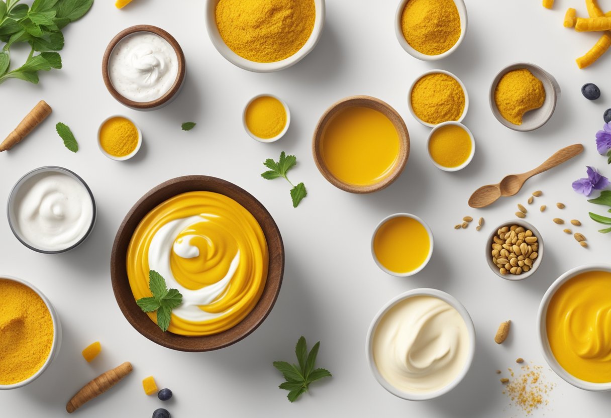 A bowl of bright yellow turmeric paste mixed with creamy yogurt sits on a clean white surface, surrounded by small containers of various ingredients