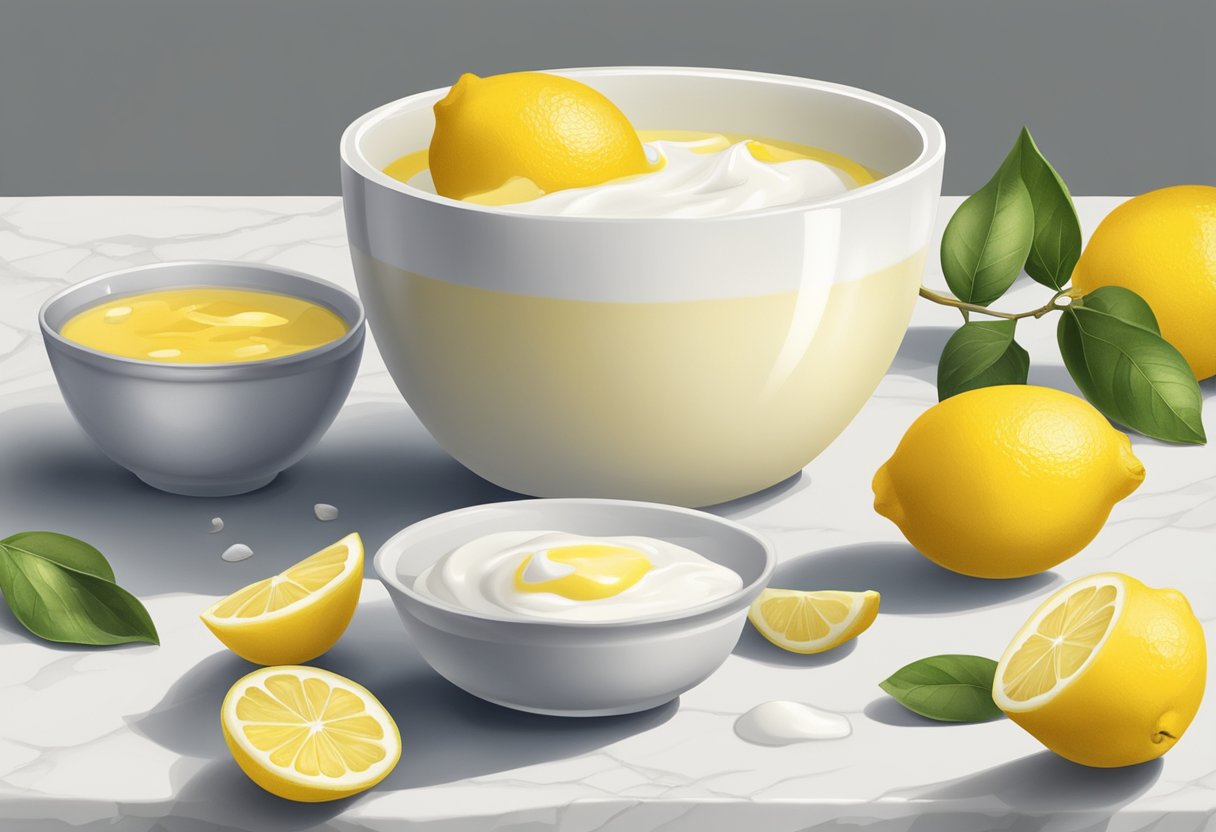 A bowl of yogurt mixed with lemon juice sits on a clean, white countertop, surrounded by fresh lemons and a jar of honey