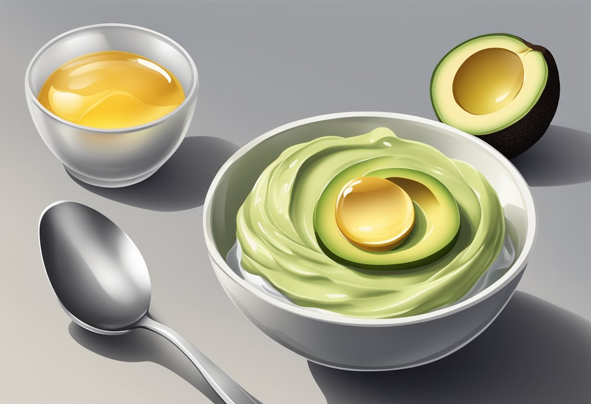 A bowl of yogurt and avocado mixed together, with a spoon and a small jar of honey nearby