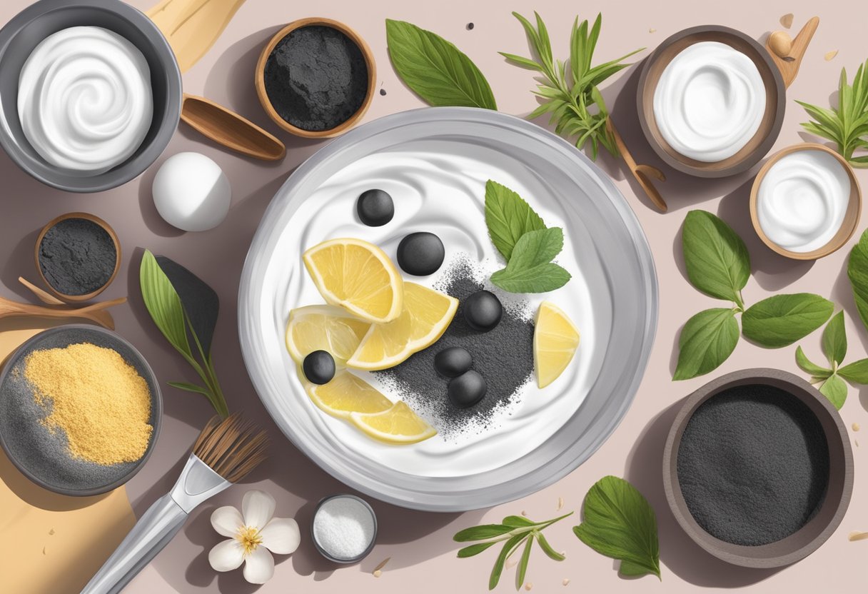 A bowl of yogurt mixed with charcoal powder, surrounded by various skincare ingredients and tools. A recipe book titled "46 Best DIY Homemade Skincare Recipes with Yogurt" is open next to the bowl