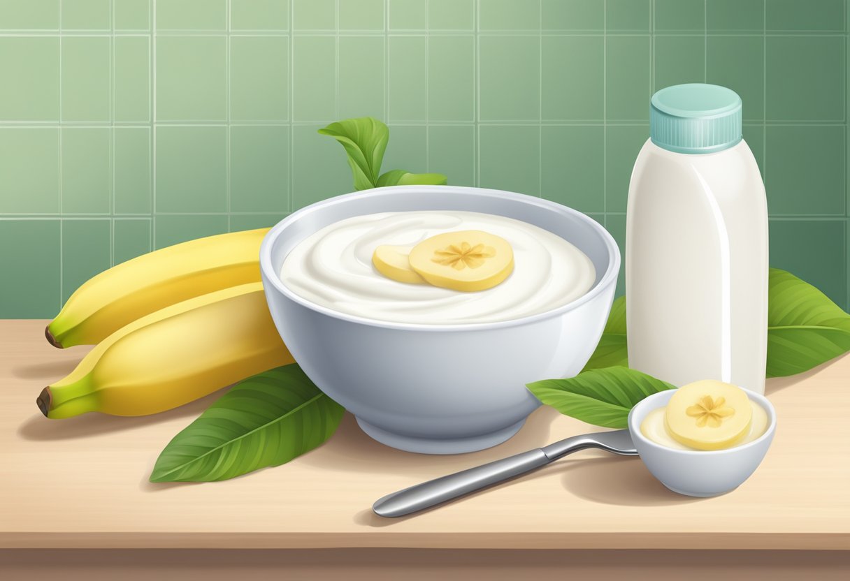 A bowl of yogurt and a ripe banana sit on a clean countertop, ready to be mixed together for a nourishing hair treatment
