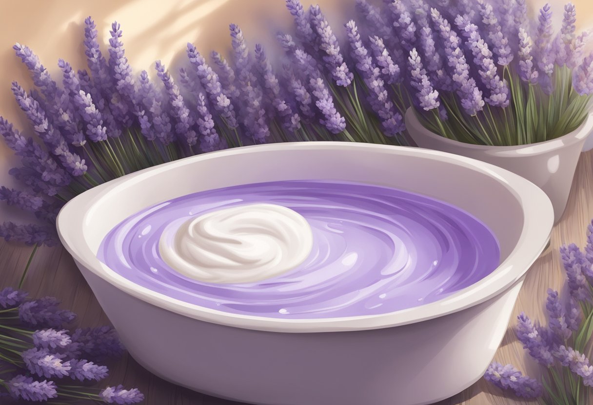 A bathtub filled with creamy yogurt and lavender oil, surrounded by scattered lavender flowers and a soft, fluffy towel nearby