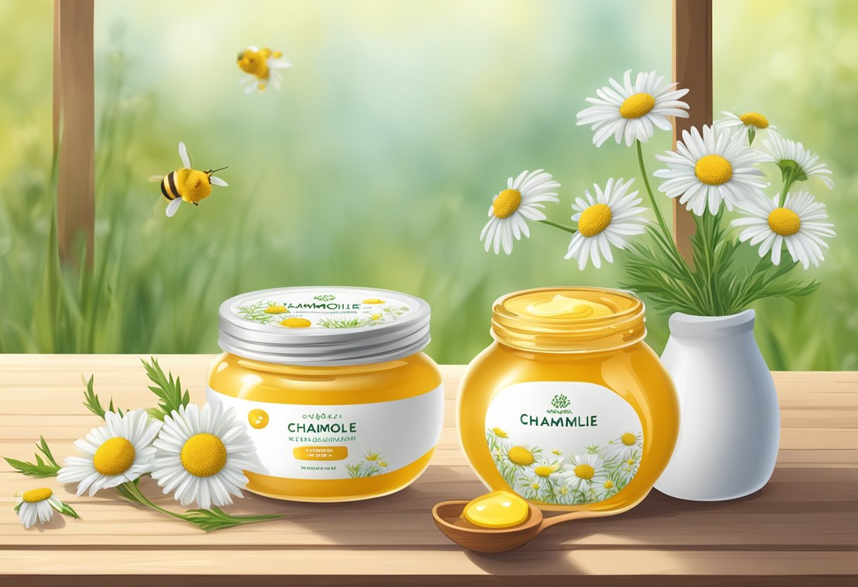 A bowl of chamomile yogurt mask sits on a wooden table surrounded by fresh chamomile flowers and a jar of honey