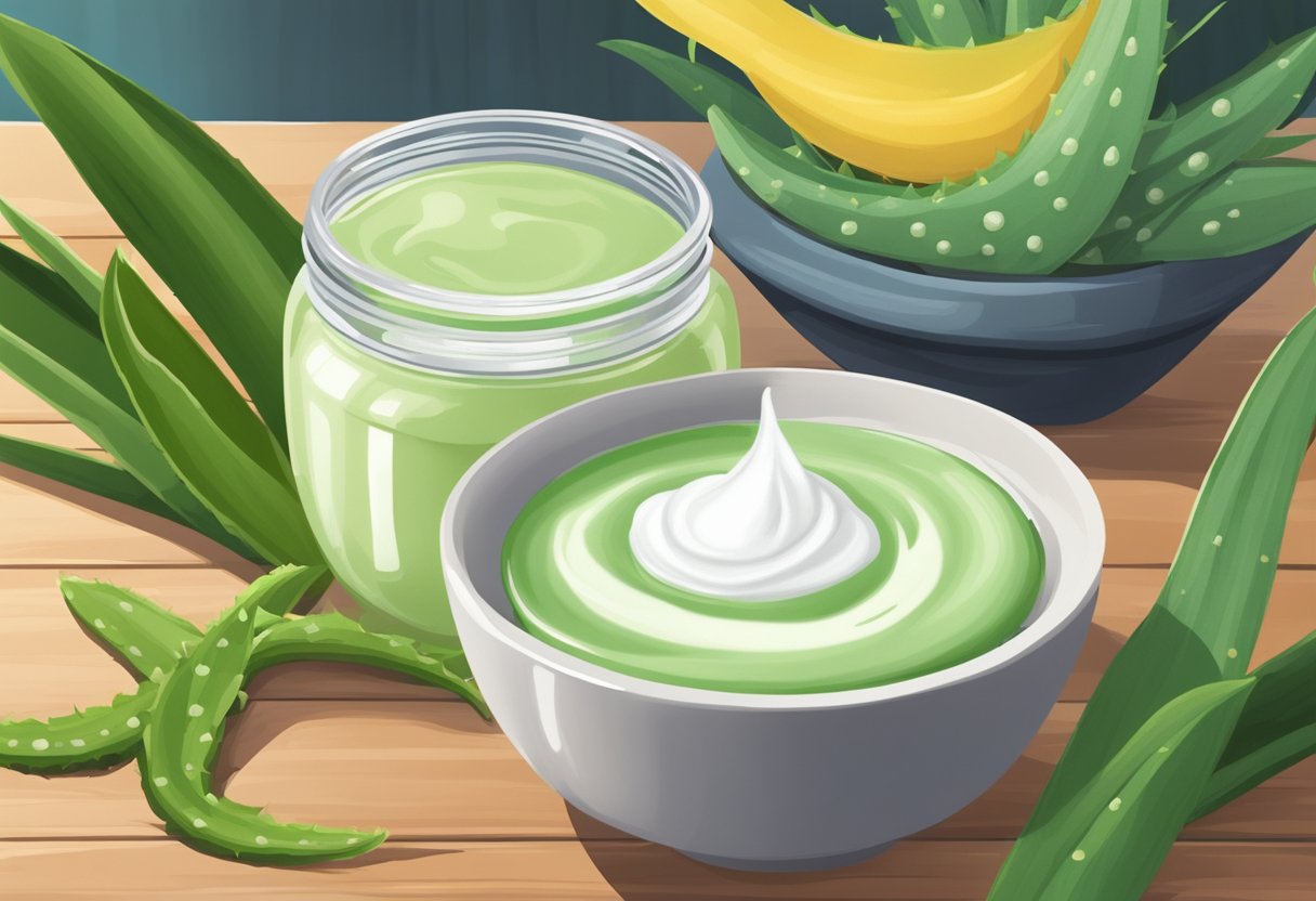 A jar of homemade sunburn soother sits on a wooden table, surrounded by fresh aloe vera leaves and a bowl of creamy yogurt