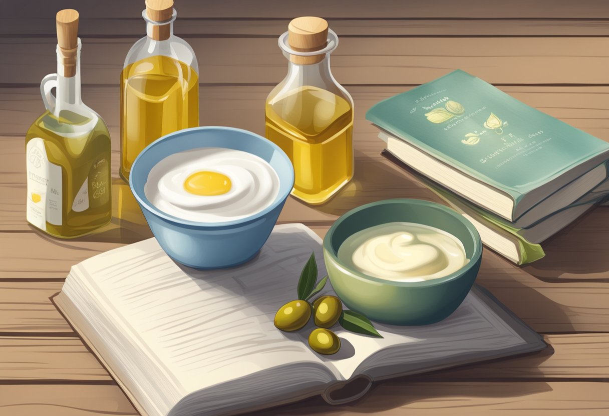 A bowl of yogurt and a bottle of olive oil sit on a wooden table, surrounded by cracked heels and a homemade skincare recipe book