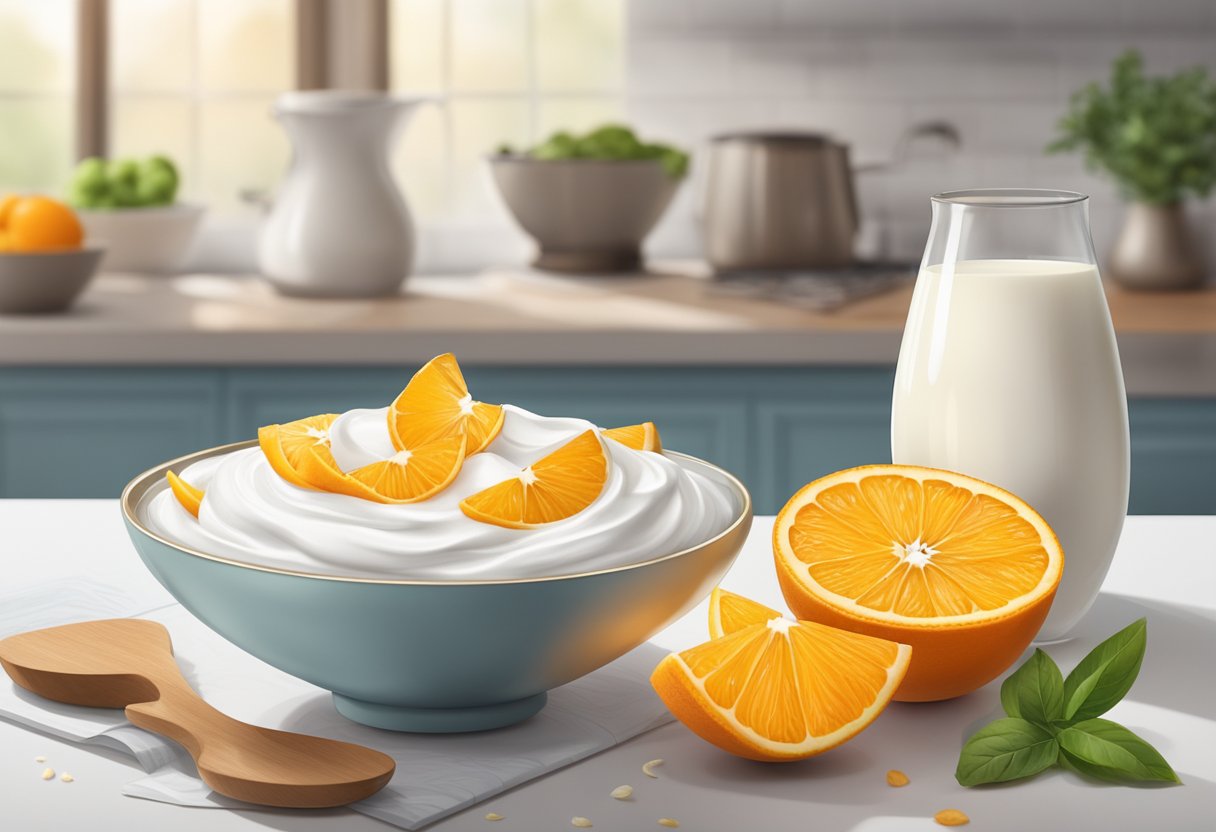 A bowl of yogurt mixed with orange peel sits on a clean countertop, surrounded by fresh ingredients and a recipe book