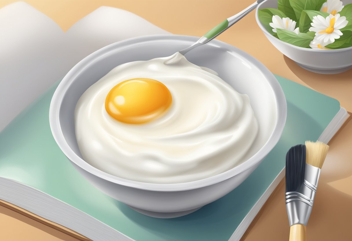 A bowl of yogurt and egg whites mixed together, with a brush nearby for application. Ingredients and recipe book in the background
