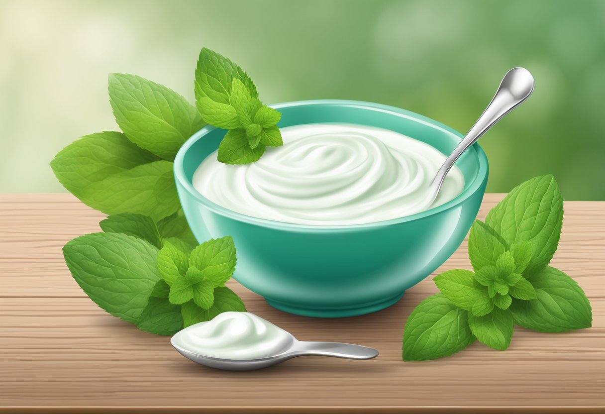A bowl of yogurt and mint foot mask sits on a wooden table, surrounded by fresh mint leaves and a small spoon