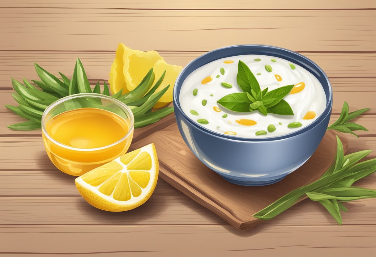 A small bowl of yogurt mixed with saffron, sitting on a wooden table surrounded by fresh ingredients like honey, lemon, and aloe vera