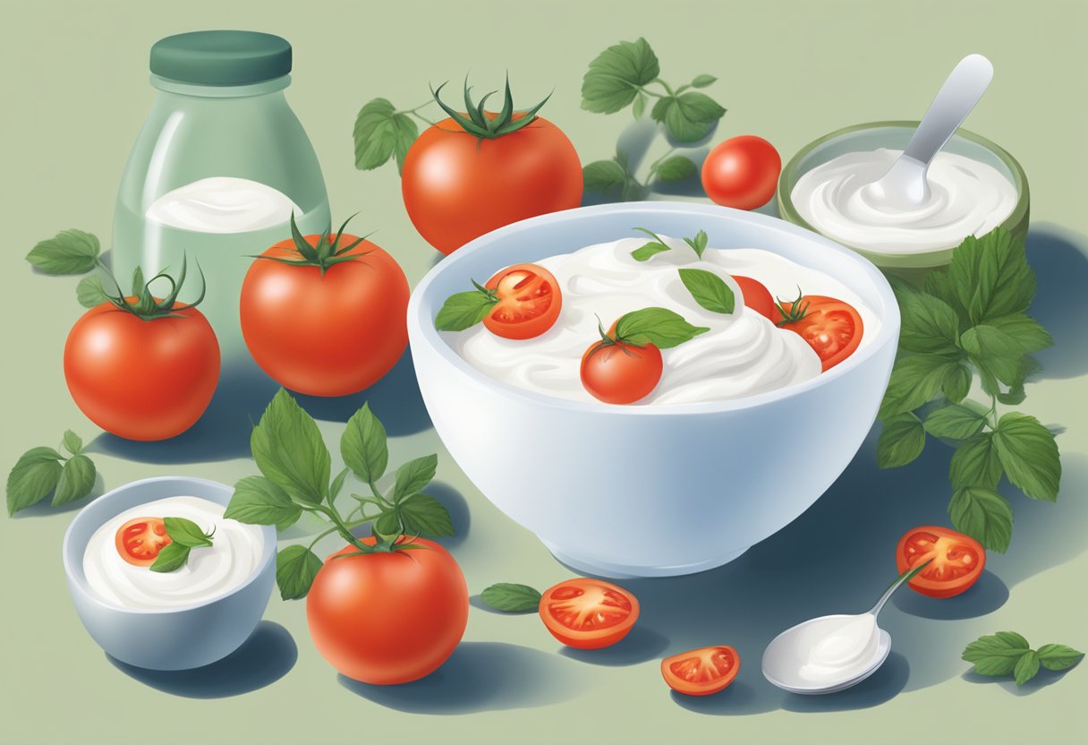 A bowl of yogurt and tomatoes mixed together in a homemade skincare mask